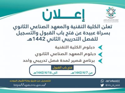 تقنية #سراة_عبيدة تعلن موعد فتح باب القبول الإلكتروني للفصل الدراسي الثاني1442ه‍